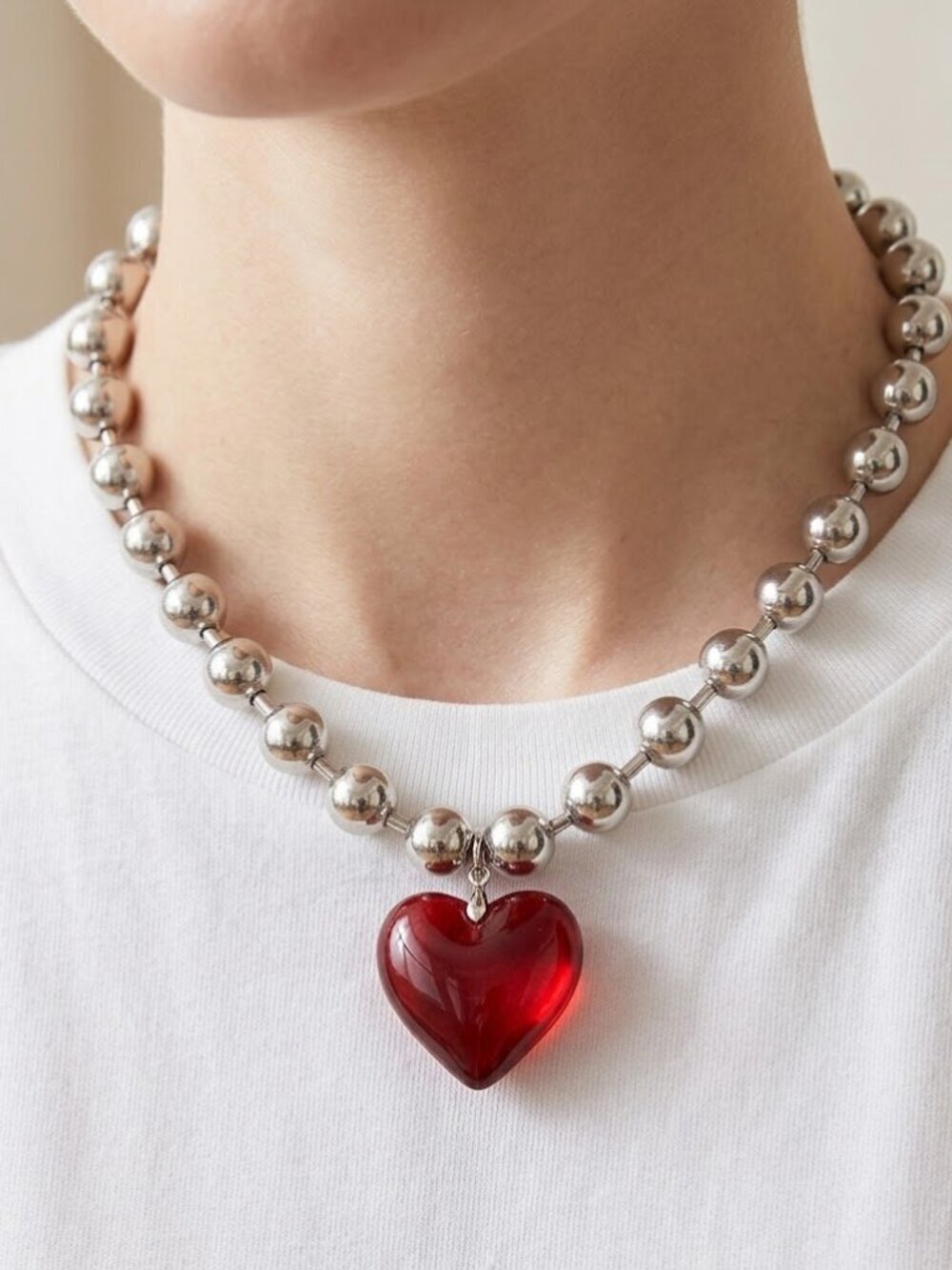 Silver Red Choker Heart Beaded NWT Gift Necklace Sexy Valentine Club Christmas - Picture 3 of 7